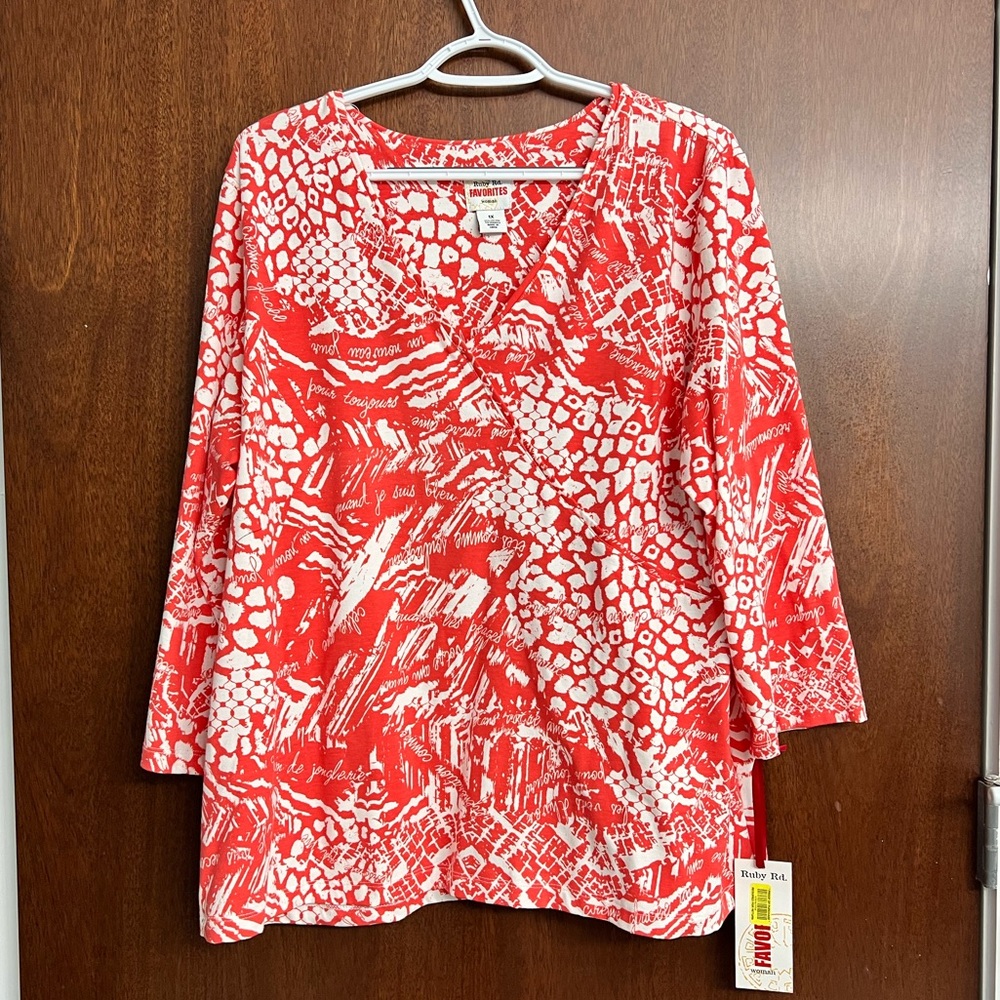 Ruby Rd. Orange Coral‎ 3/4 Sleeve Stretch Pullover V-Neck Top Blouse NWT Size 1X